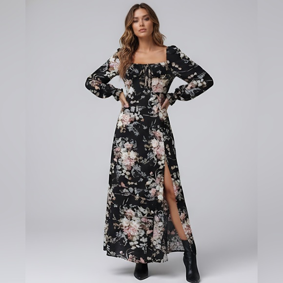 By Design Dresses & Skirts - Boho French Floral Print Split Thigh Dress